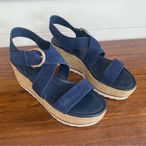 Women’s Marc Fisher Espadrille Wedge Navy Open Toe Ankle Strap Size 9